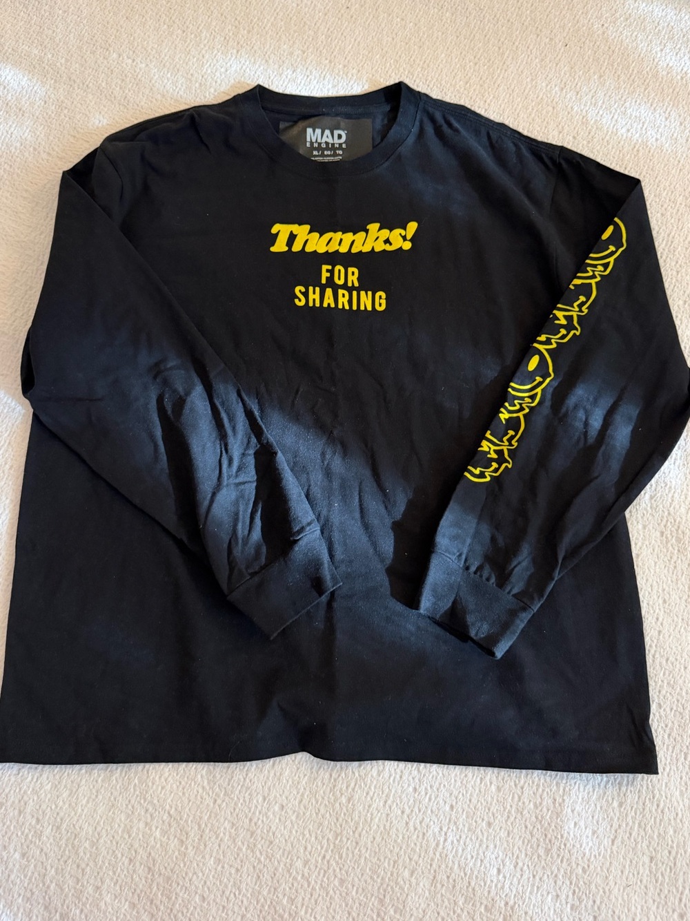MAD Engine Black Long Sleeve Tee with Yellow 'Thanks! For Sharing' Graphic